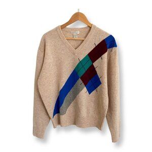 Vintage Cattivo Mens V Neck Large 100% Lambs Wool Sweater Beige Color Geometric